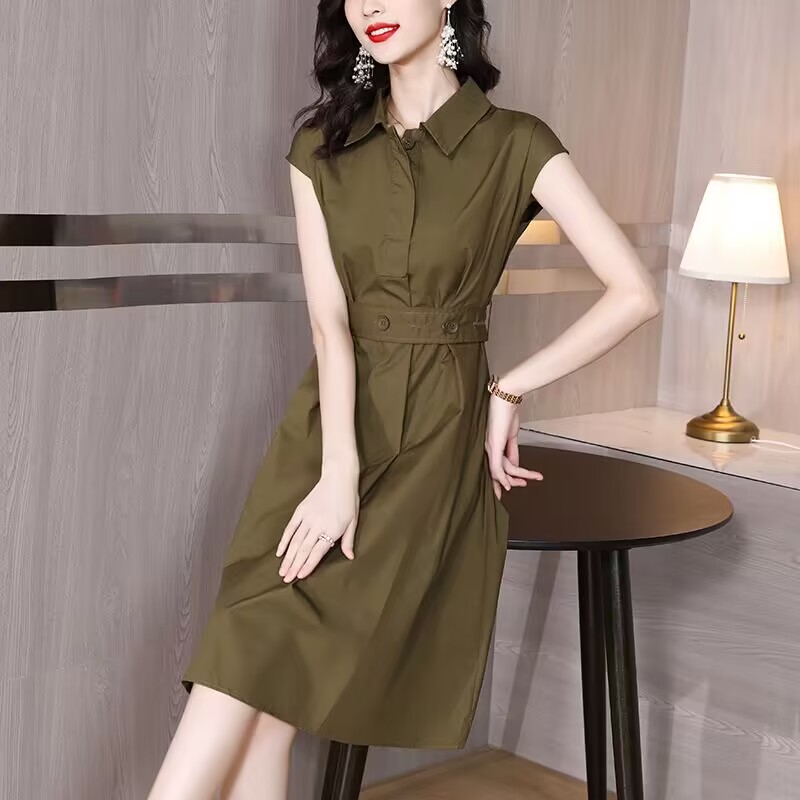 白领哥弟新2025夏季高级感轻熟衬衫连衣裙收腰系带工装短袖裙女