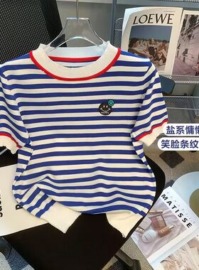 正品哥家新新款2025夏冰丝蓝白条纹短袖针织T恤甜美美式复古女