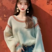 正品 毛衣 宽松显瘦长袖 哥家新2025秋冬新款 慵懒风拼色圆领针织衫