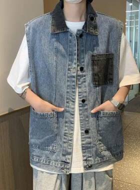 美式复古拼色牛仔马甲外套男春装韩版宽松直筒无袖外搭夹克上衣
