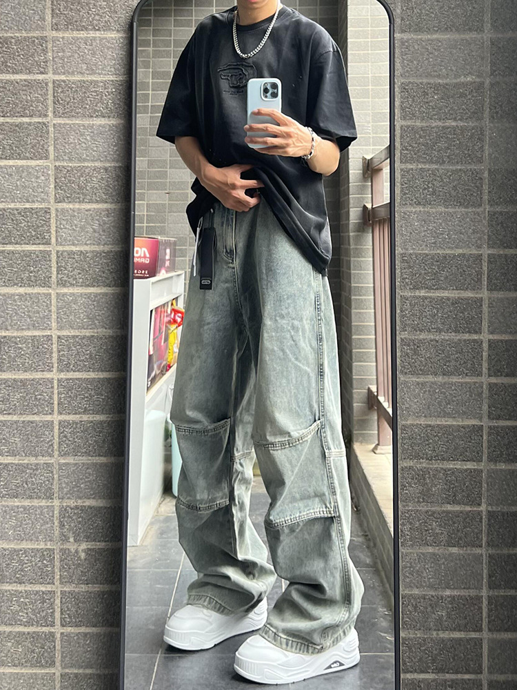 美式高街复古褶皱拼接工装牛仔裤男春秋款潮牌水洗直筒阔腿长裤子