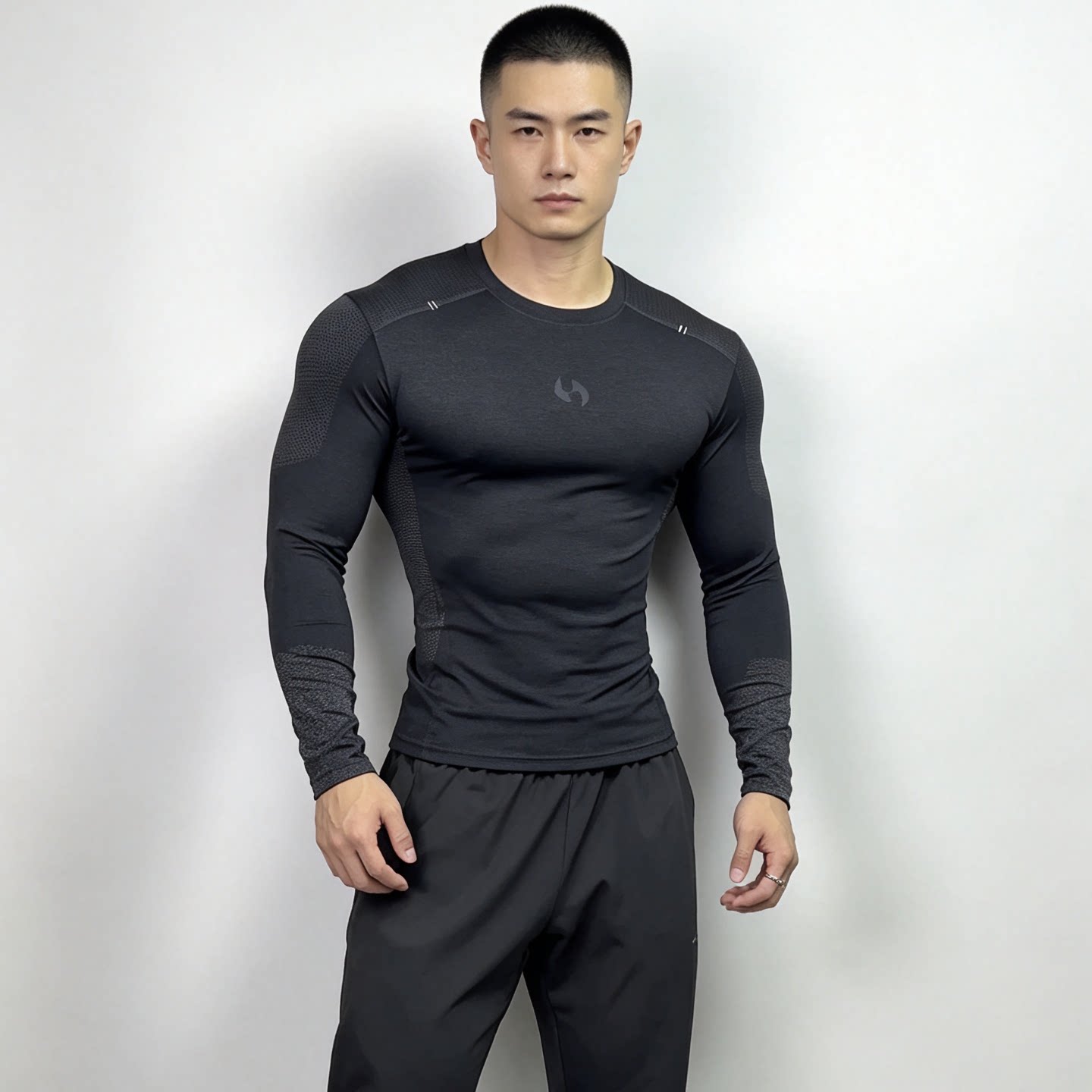 UAGYMBOY男士无缝提花健身长袖T恤高弹速干修身运动训练上衣打底