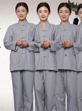 海青居士服女士春夏秋季中式盘扣禅意薄款僧服禅修服套装灰色男款