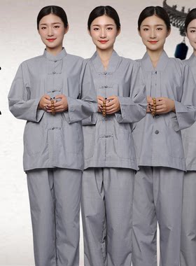 海青居士服女士春夏秋季中式盘扣禅意薄款僧服禅修服套装灰色男款