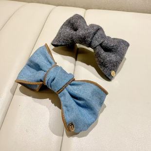 Miu系灰色蝴蝶结一字发夹女2025新款高端抓夹后脑勺扭扭夹发饰女