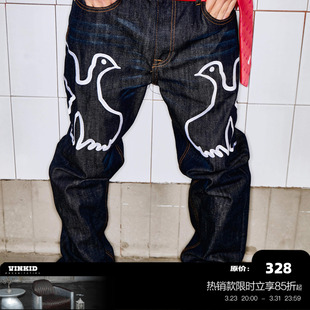 潮流小众嘻哈国潮长裤 Vinkid 美式 原牛和平鸽刺绣牛仔裤 云梯