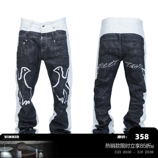 欧美潮流休闲小众嘻哈国潮长裤 假两件和平鸽牛仔裤 云梯 Vinkid