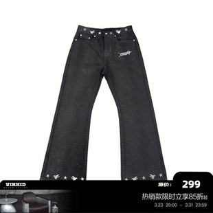 潮流小众国潮长裤 vinkid 美式 星VINKID裂纹黑蜡牛仔裤 云梯