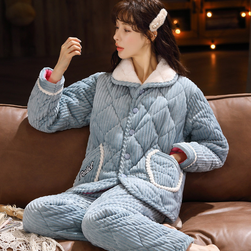 睡衣女家居服秋冬季珊瑚绒加厚加绒可爱法兰绒夹棉袄保暖爆款套装