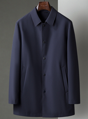 新款藏青色中长款翻领商务休闲中年商务男大衣轻盈单排扣风衣外套