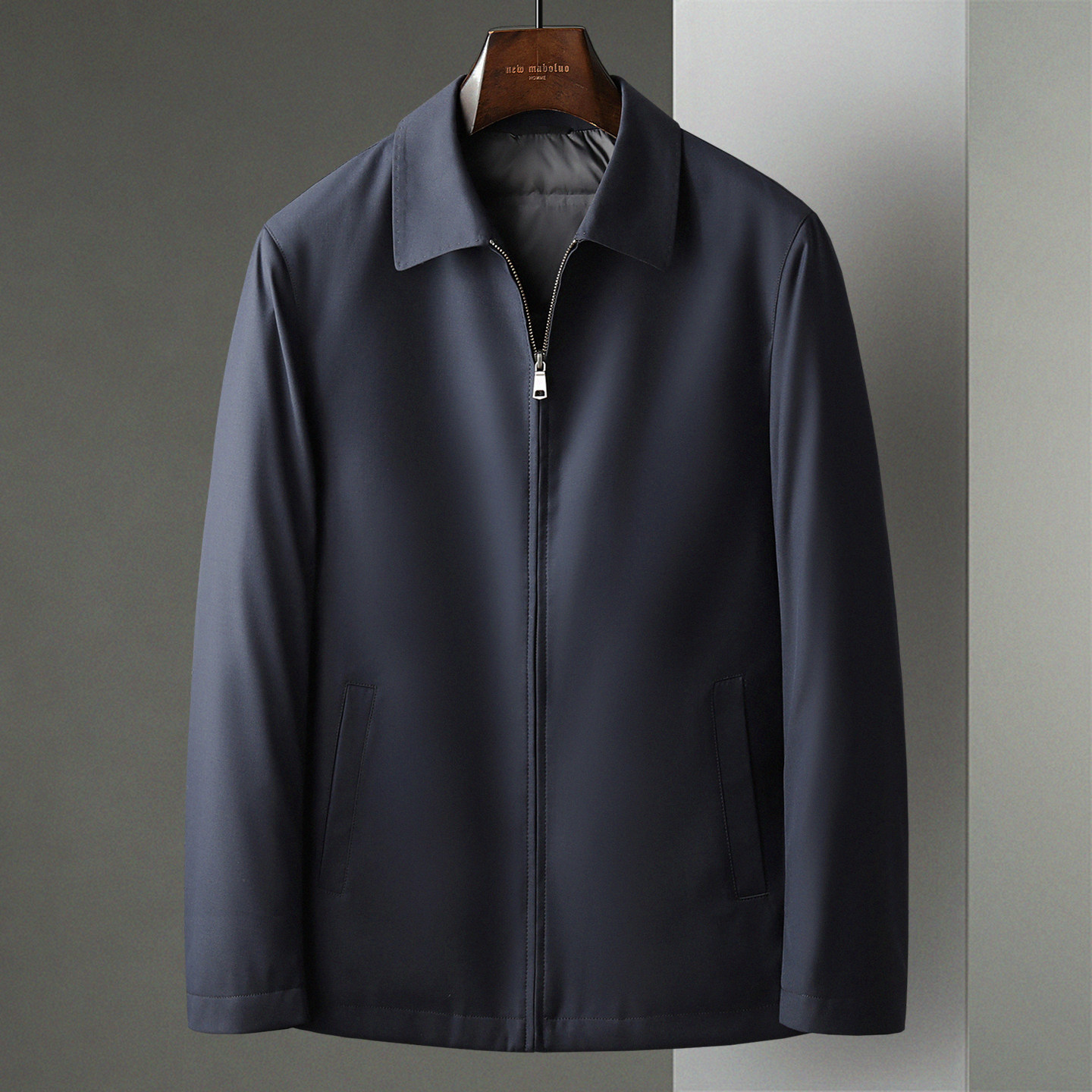 藏青色秋冬季新款羊毛面料夹克中年商务男轻盈鸭绒翻领羽绒服外套