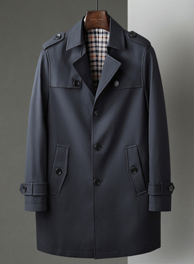 春秋季新款藏青色风衣男中长款翻领中年男士商务休闲纯色防风外套