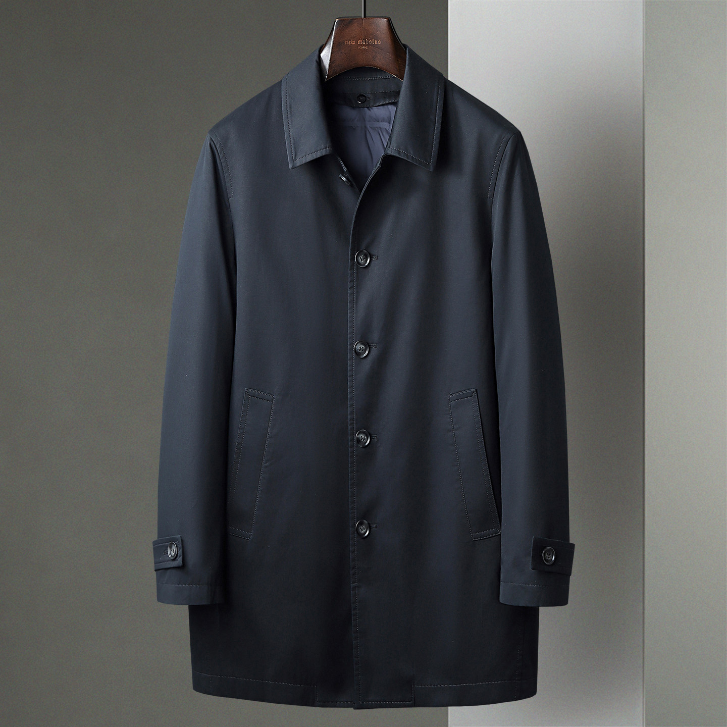 藏青色可脱卸内胆鹅绒棉布中年男士羽绒服中长款商务休闲风衣外套