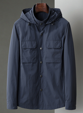 新款中年男士微弹力面料可脱卸帽风衣商务休闲茄克防风夹克外套