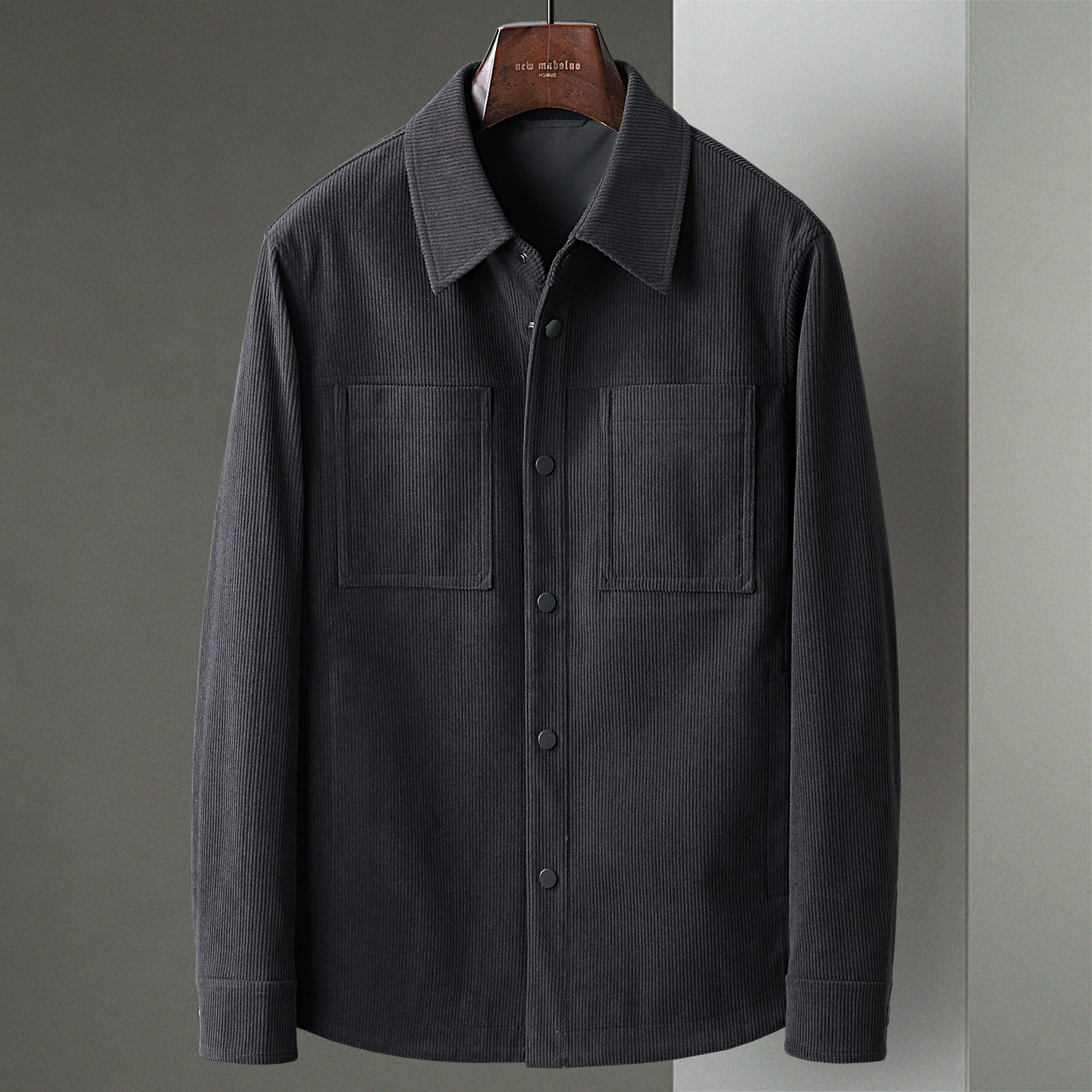 深灰秋季新款条纹灯芯绒面料衬衫式版型夹克男休闲单排扣茄克外套