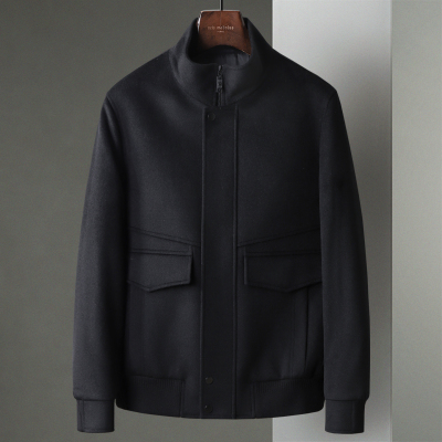 秋冬新款短款黑色立领羊毛呢夹克中年男毛呢外套呢子拉链休闲茄克