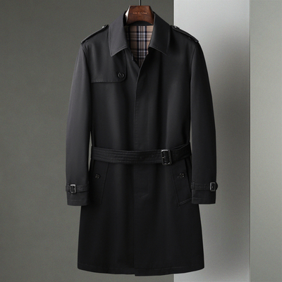 黑色新款男士棉布外套中年商务休闲后中开衩中长款风衣披风外套