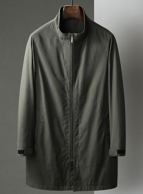 军绿色薄款男拉链中长款风衣外套中年春秋季新款商务休闲立领男装