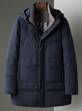 藏青色冬季新款连帽拉链厚男士中年商务休闲通勤鹅绒羽绒服外套