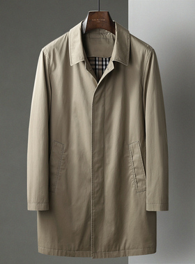 春秋季新款男士卡其色商务休闲中长款风衣翻领中年棉布大衣外套
