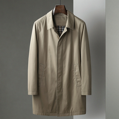 春秋季新款男士卡其色商务休闲中长款风衣翻领中年棉布大衣外套