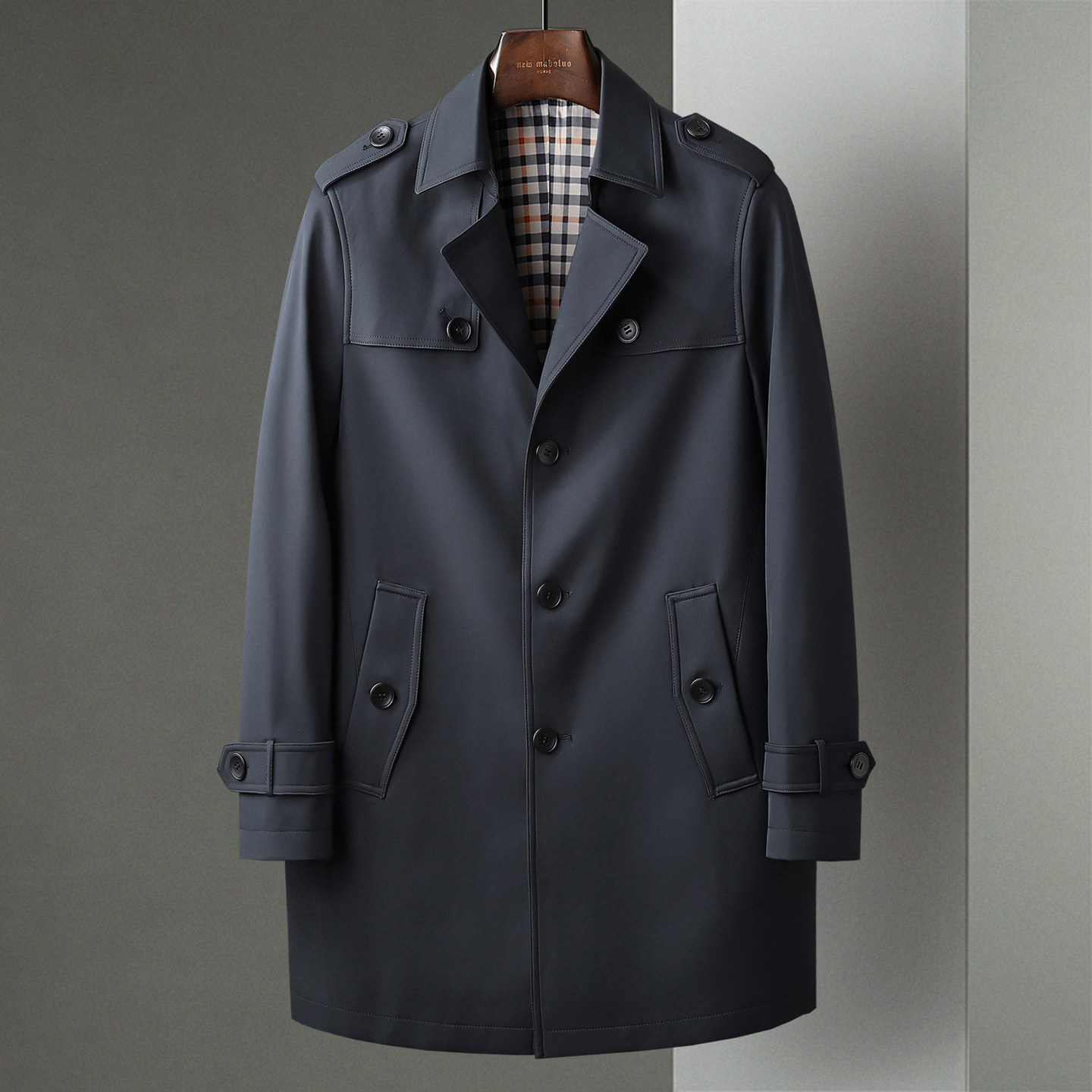 春秋季新款藏青色风衣男中长款翻领中年男士商务休闲纯色防风外套