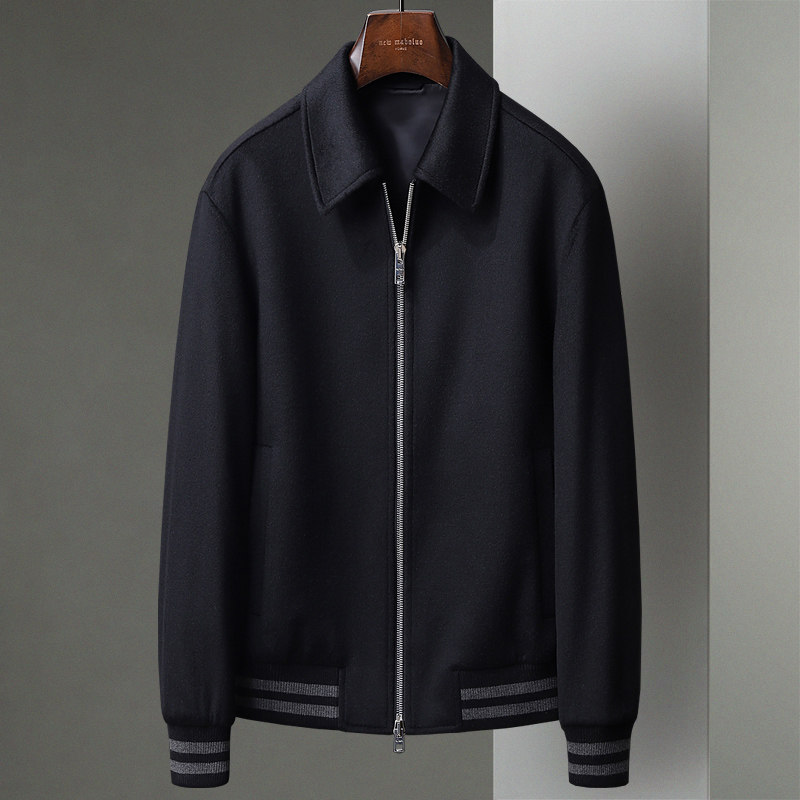 冬季新款黑色短款商务拉链螺纹翻领夹克呢子中年男羊毛呢茄克外套