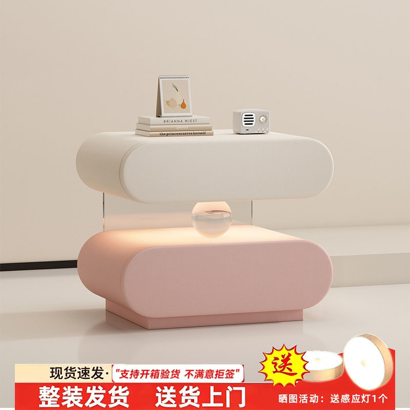 床头柜带灯悬浮实木收纳柜软包皮质卧室储物柜高级水晶球床边柜