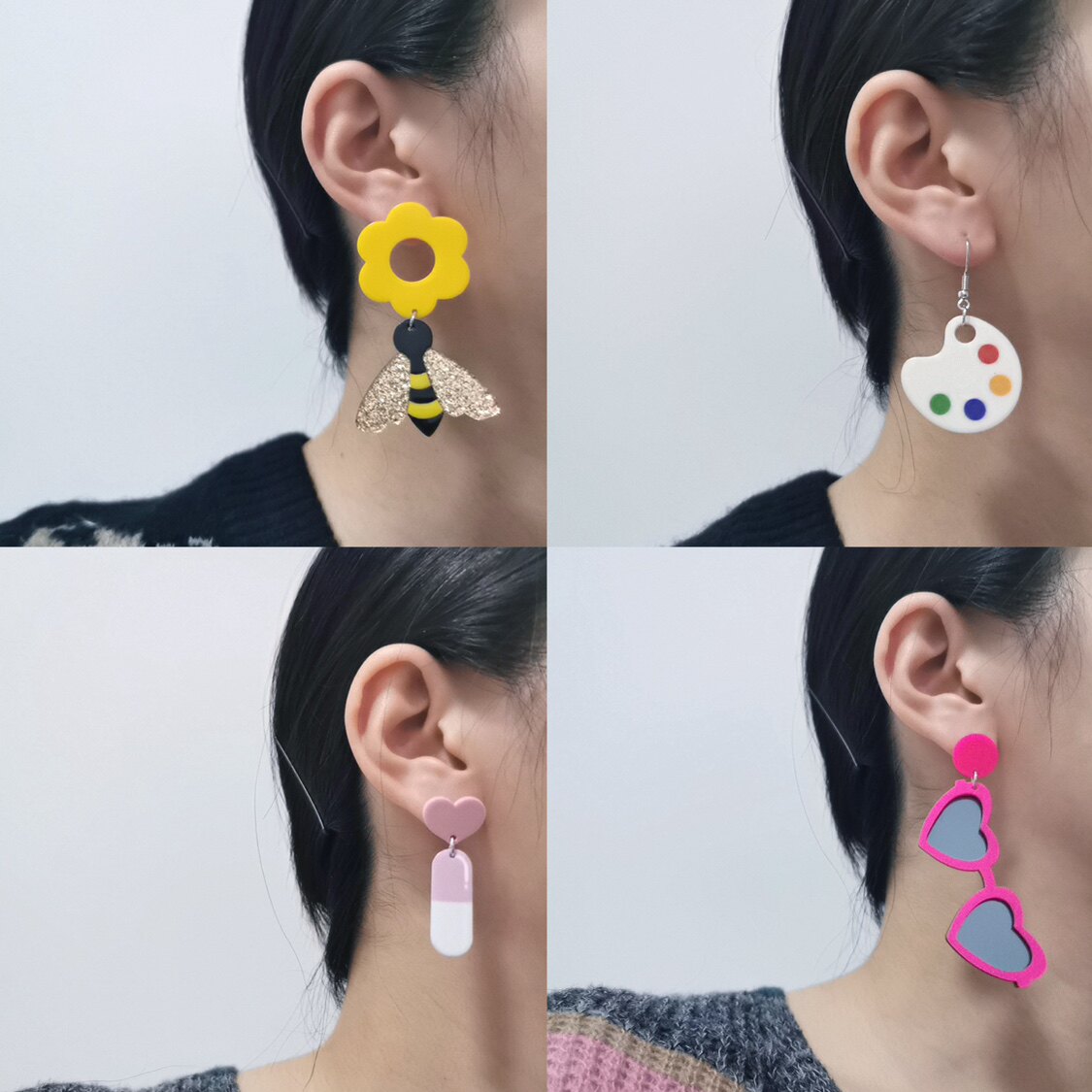 P搞怪夸张度假拍照爱心桃心眼镜画笔画板药丸蜜蜂花朵耳环钉针