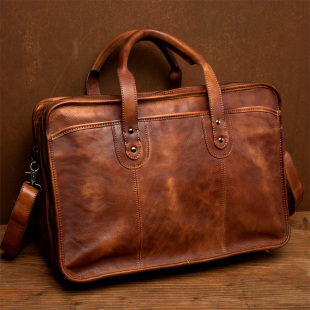 慢时光商务休闲手工牛皮手提包男士 单肩包电脑包潮 真皮公文包横款