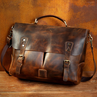 2026夏季 复古疯马皮手提包男商务公文包真皮剑桥包牛皮单肩电脑包