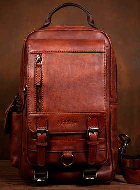 慢时光复古手工真皮胸包男休闲斜挎包头层植鞣牛皮单肩包通勤背包