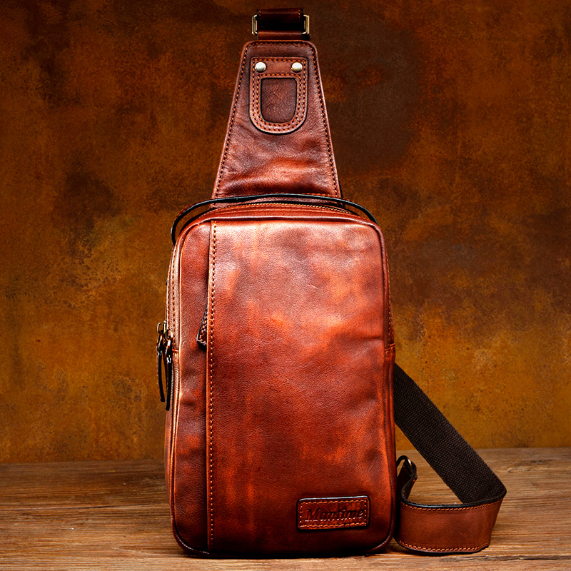 复古潮手工真皮胸包休闲单肩包