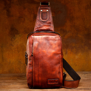 慢时光手工擦色真皮胸包男女休闲斜挎包头层植鞣牛皮单肩包复古包