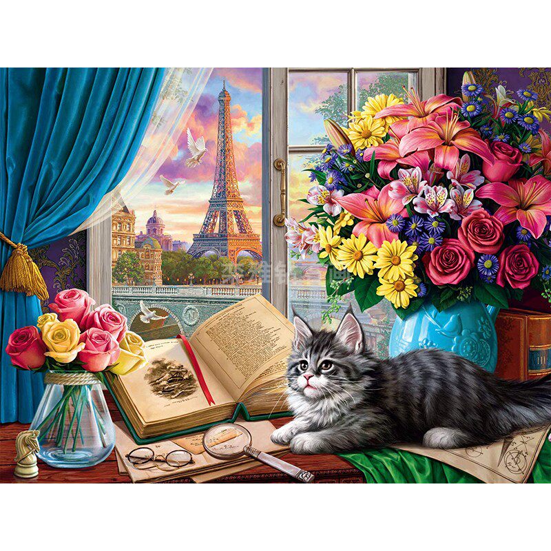 欧式DIY方钻满钻钻石画书桌鲜花花瓶猫咪窗外巴黎铁塔贴钻十字绣