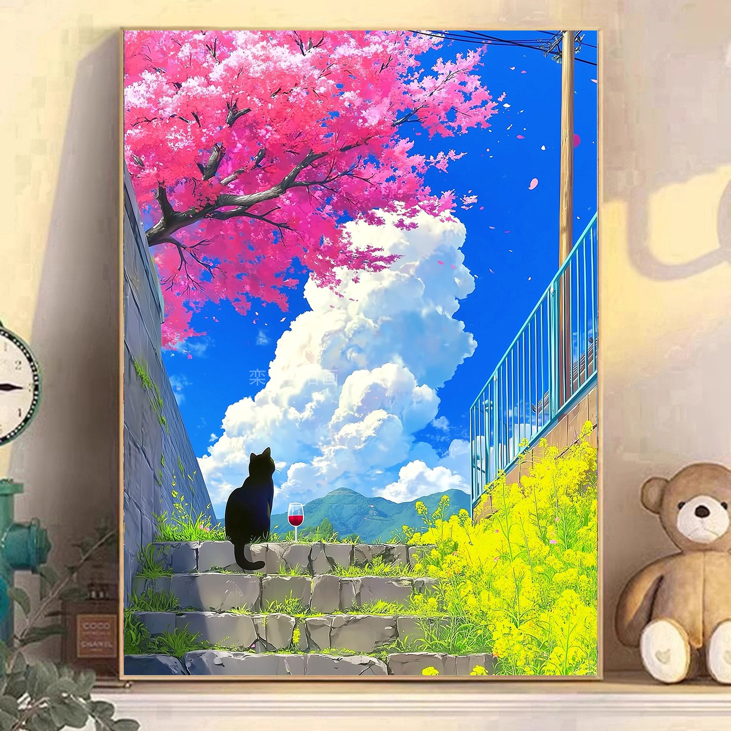 新款DIY树脂方钻满贴钻钻石画砖石绣春日蓝天白云樱花树下的黑猫
