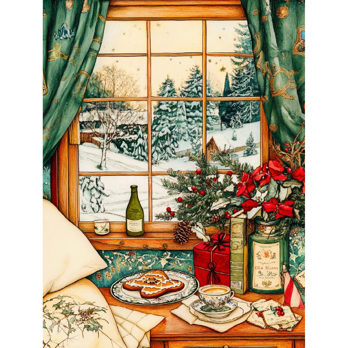 DIY树脂方钻满钻钻石画镶钻钻石绣大雪天窗前咖啡下午茶圣诞礼物