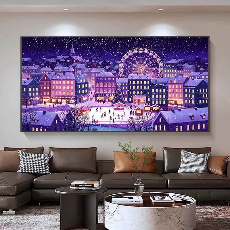 DIY方钻满钻钻石画横版摩天轮雪天紫色浪漫小镇夜景贴钻钻石绣