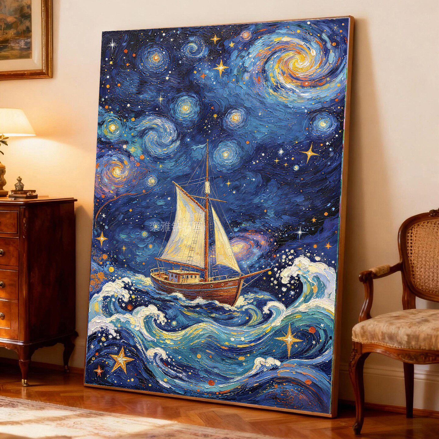 DIY树脂方钻满钻贴钻钻石画砖石绣一帆风顺梵高星空海上巨浪帆船