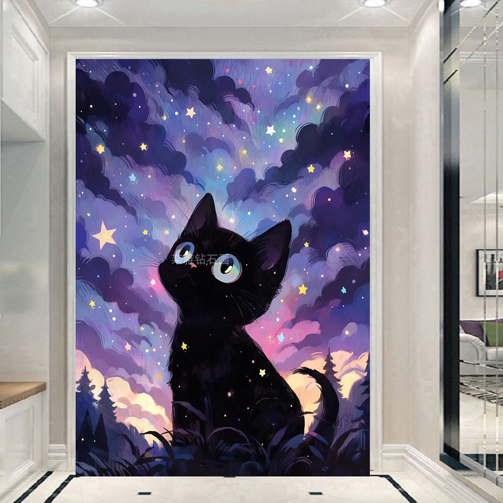 diy方钻满钻钻石画钻石绣仰望星空的黑色猫咪贴钻点钻十字绣带钻