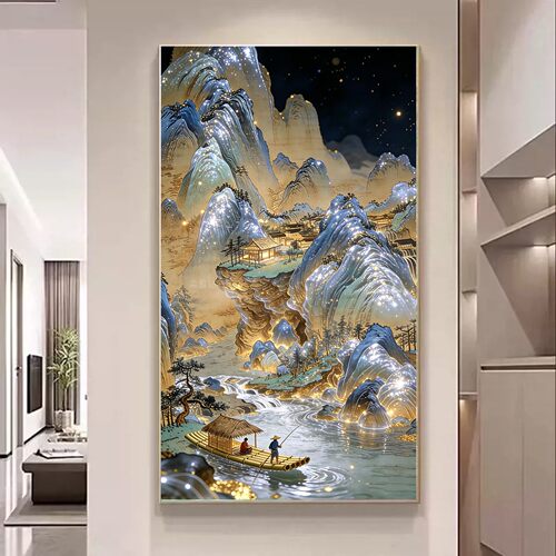 高端高颜值方钻满钻钻石画金山银山河中竹筏千里江山玄关全贴钻绣
