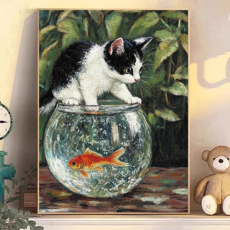 2025新款DIY方钻形满钻高端钻石画钻石绣金鱼鱼缸上的黑白色猫咪,居家布艺,钻石绣,淘宝优惠券,粉丝福利购,淘宝优惠卷