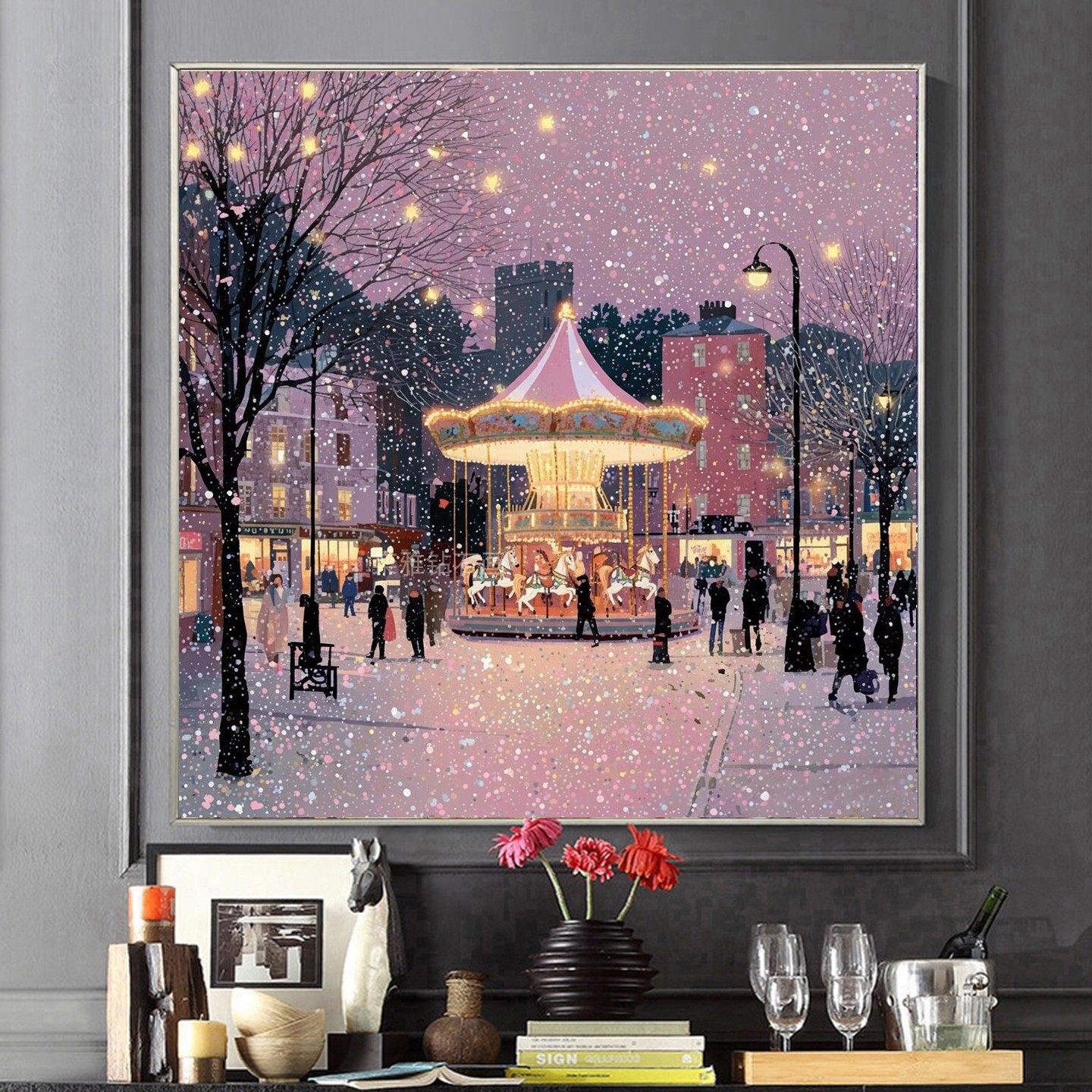 新款DIY树脂方钻满钻钻石画钻石绣方形冬日氛围雪天旋转木马夜景,居家布艺,钻石绣,淘宝优惠券,粉丝福利购,淘宝优惠卷