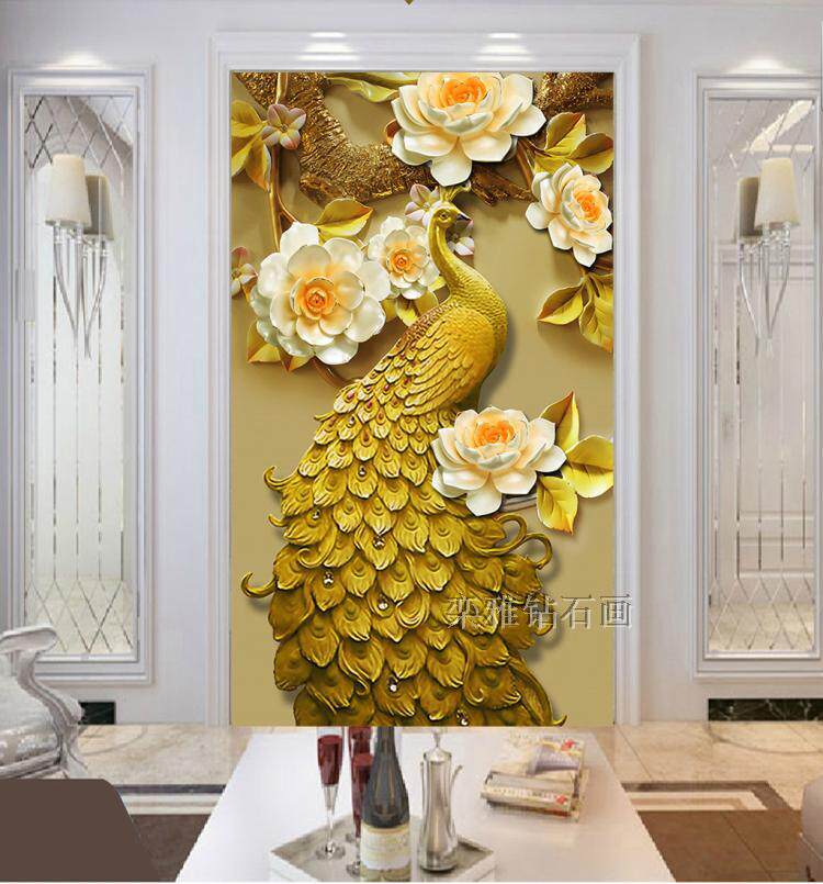 新款走廊DIY方钻满钻钻石画贴钻十字绣立体浮雕金色孔雀玄关竖版