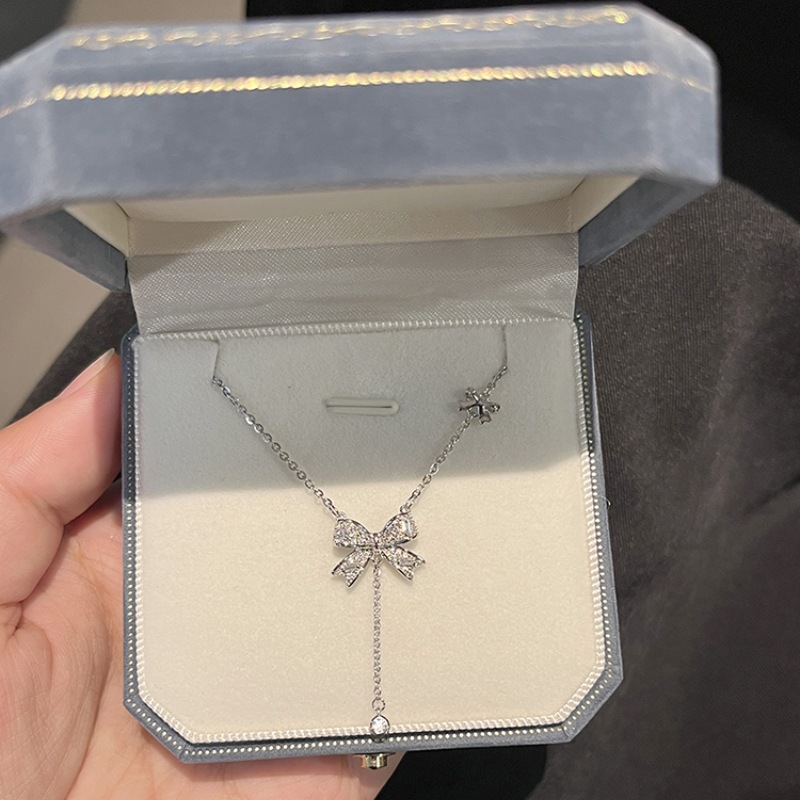 夏季新品韩国ins小众轻奢风蝴蝶结长款流苏锆石吊坠925纯银项链女