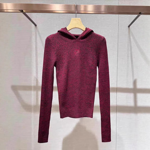 深圳南油极简风暗红色连帽针织衫女秋冬季修身打底衫毛衣穿搭上衣