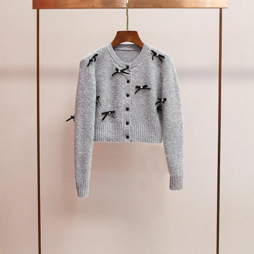 衣莉卓雅秋冬新款法式甜美减龄休闲百搭短款蝴蝶结针织衫开衫外套