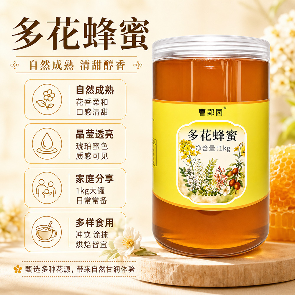 曹郢园多花蜂蜜1000g 纯正无添加大罐装自然成熟花蜜家庭冲饮