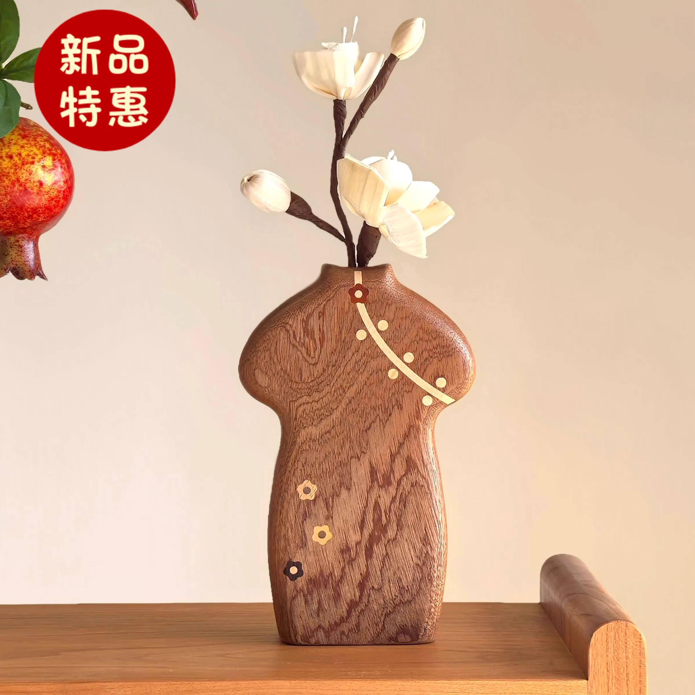旗袍花瓶原木国风花器花插摆件新中式实木质桌面装饰香薰新家礼物