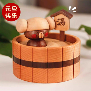 泡澡小熊首饰收纳盒实木质可爱桌面摆件高级饰品日式 送女朋友礼物